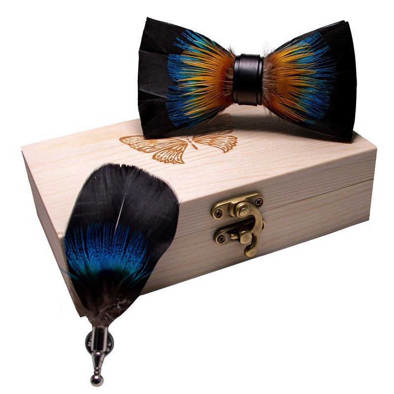 RBOCOTT Feather Pre-tied Bow tie Leather Bowtie and Brooch Sets for Men(14) - Image 2
